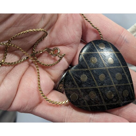 Vintage Wooden Heart Pendant Necklace With Brass Inlay - Picture 3 of 5